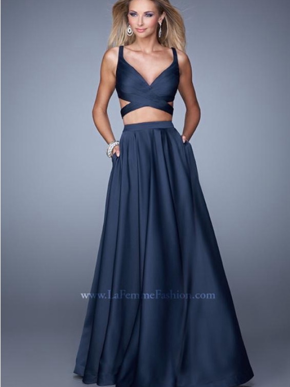Navy Two-Piece Formal Gown with Cutout Waist